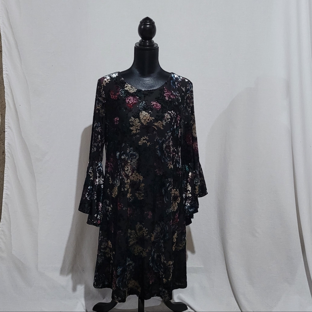 Floral Black Dress with Bell Sleeves